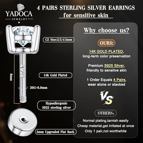 Hypoallergenic Flat Back Earrings for Women - 925 Sterling Silver Earrings for Sensitive Ears - Cartilage Earring Helix Conch Tragus Piercing Flatback Cubic Zirconia Earring Set Studs Men 2/3/4/5mm2