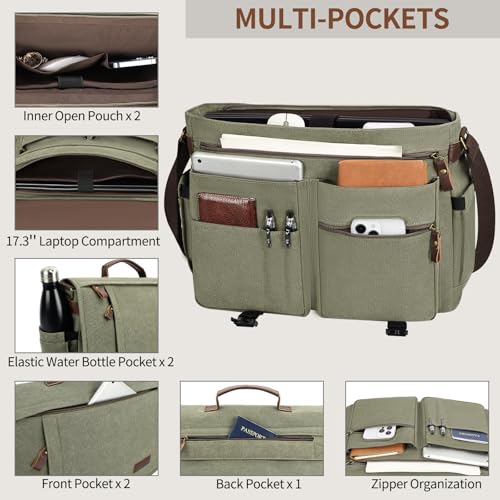 Image of ESTARER Messenger Bag 17.3 Inch, Mens Computer Bag Water-resistant Canvas, Laptop Bag Satchel Briefcase for Teacher /College /Work /Travel, Army Green