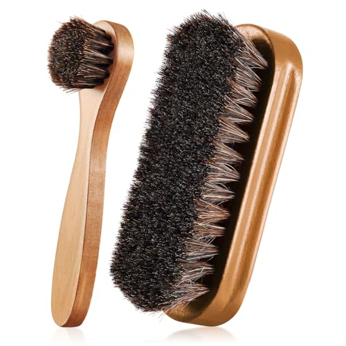 Image of 2 Pcs Horsehair Shine Shoes Brush Kit Polish Dauber Applicators Cleaning Leather Shoes Boots Care Brushes Suede Cleaner Brush(Wooden Style F)