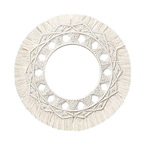 JVSISM Macrame Hanging Wall Mirror with Boho Fringe Round Decorative for Apartment Bedroom Living Room Decor (Without Mirror)