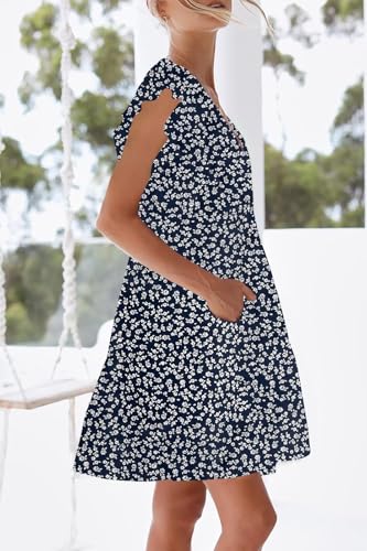 Image of nclook Womens Summer Casual Dresses Sweet Cute V Neck Mini Dress with Pockets Ruffle Short Sleeve