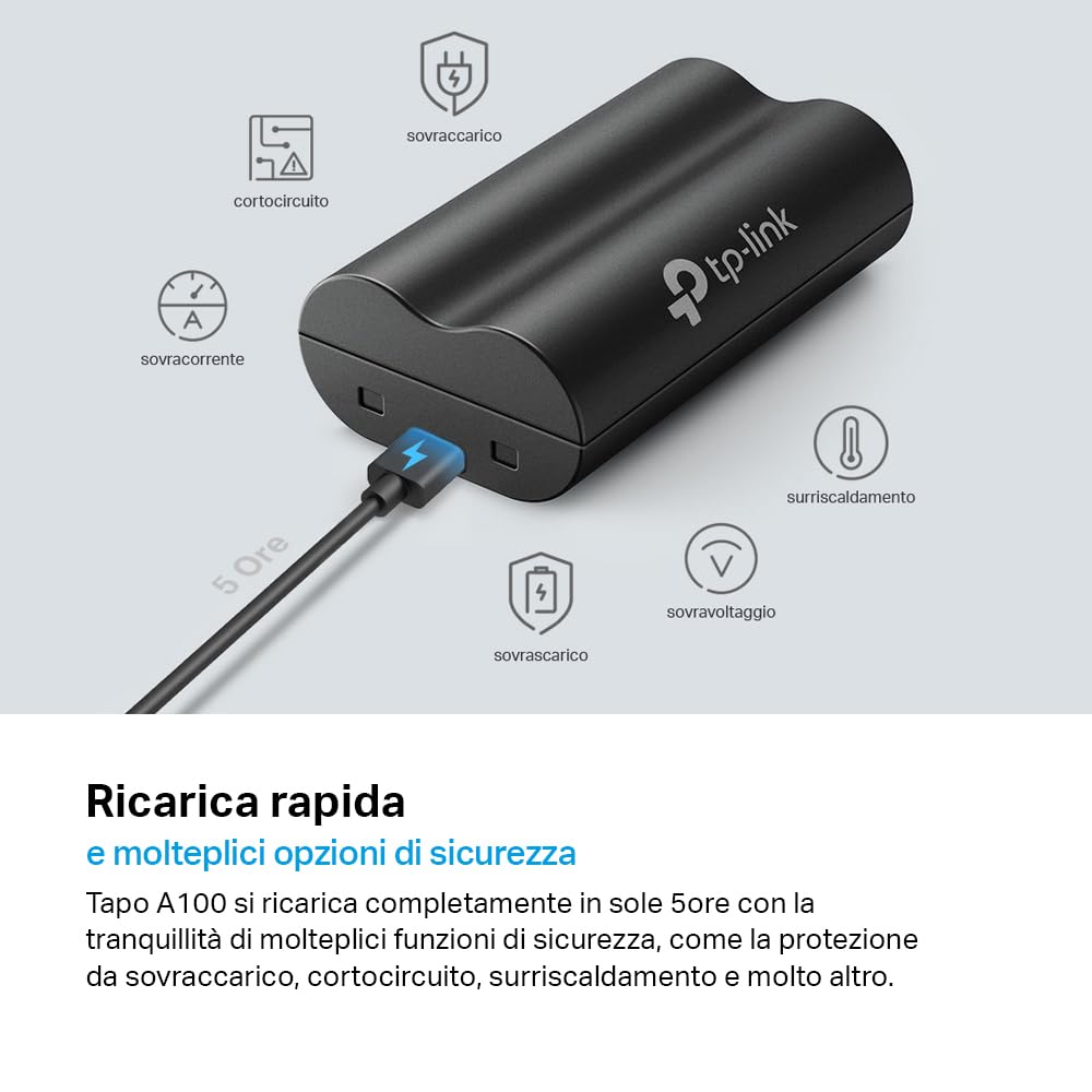 TP-Link Tapo A100 Pacco Batteria Pile Ricaricabili 6700 mAh, Funziona con Videocamere e Videocitofoni Tapo, Celle Agli Ioni di Litio Premium, Tempo di Ricarica USB di 5 Ore, Protezione a 6 Vie