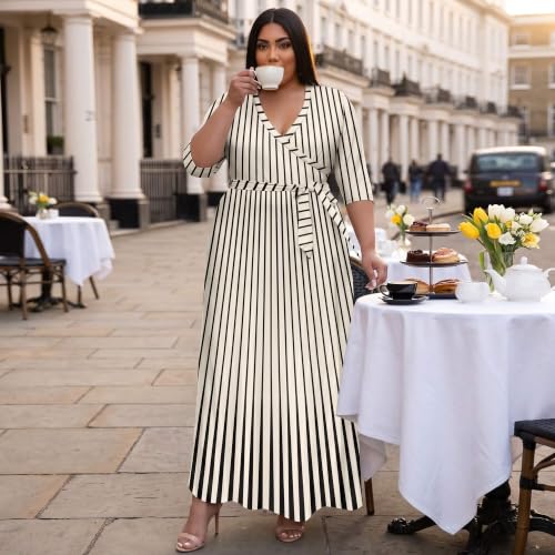 Image of Runwind Plus Size Dresses for Women Floral Maxi Dress Flowy 3 /4 Sleeve with Belt