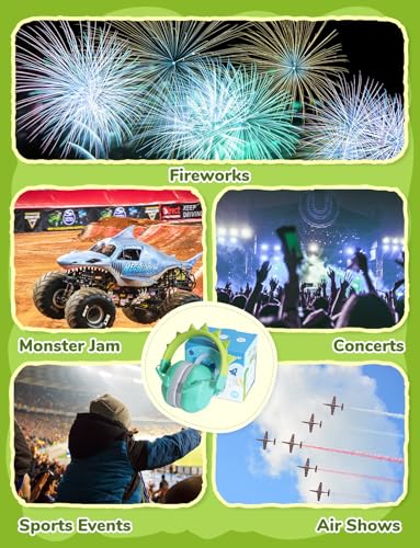 Image of iClever Noise Cancelling Headphones for Kids, SNR 29dB Safety Noise Reduction Ear Muffs for Autism Sensory &Concentration Aid, Ear Hearing Protection for Fireworks /Event /Monster Truck Dinosaur Green