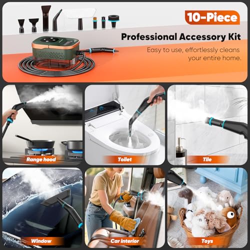 Image of Steam Cleaner, 2500W Home Handheld Grout Steam Cleaning Machine with 1.32QT Transparent Tank & 10 Attachments for Range Hood, Stove, Tile, Upholstery, Car Detailing & More (Green /Gold)
