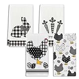 4 Stück Geschirrtuch Ostern Küchentücher Set, 40x60cm Handtücher Hase Huhn Motiv, Oster Geschirrtücher, Geschenk Frühling Putztücher, Hühner Deko für Küche Party, Familienbrunch, Ostertreffen