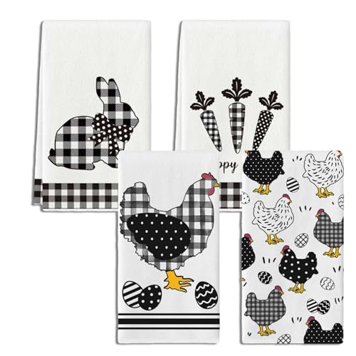 4 Stück Geschirrtuch Ostern Küchentücher Set, 40x60cm Handtücher Hase Huhn Motiv, Oster Geschirrtücher, Geschenk Frühling Putztücher, Hühner Deko für Küche Party, Familienbrunch, Ostertreffen