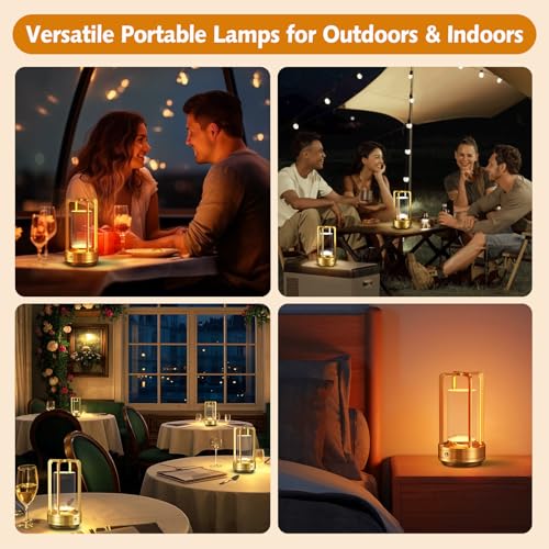 Image of Portable Table Lamp for Outdoor Indoor: Cordless Rechargeable Desk Lamp with 3 Color Stepless Dimmable - Metal Battery Operated Lantern Light for Bedroom /Bar /Coffee Shop /Camping (Gold (2 Pack))