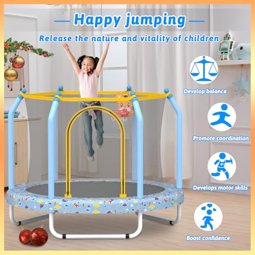 Mersco Toddler Trampoline Indoor 1-6 Mini Trampoline for Kids, 55IN Small Baby Trampoline with Net Children Trampolines with Basketball Hoop,Gifts for Boys Girls Festival Birthday Toys, Blue Forest - Thumbnail 5
