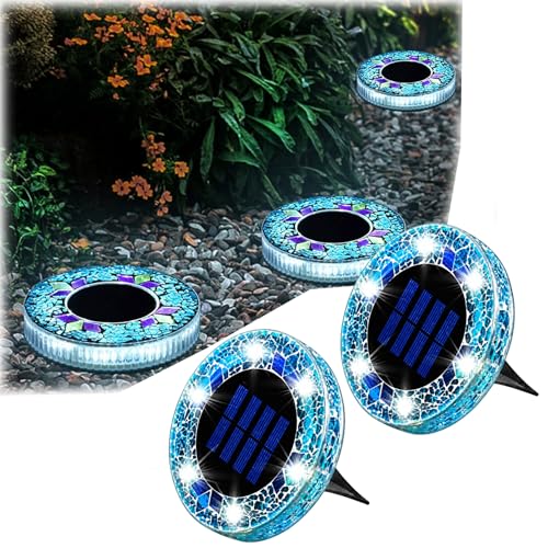 Mosaic Solar Disk Light Waterproof Outdoor Glass LED Garden Stake Lighting Colorful Landscape Yard Decor for Walkway Patio & Lawn Auto On/Off Decorative Driveway Lamps (Blue-2pcs)