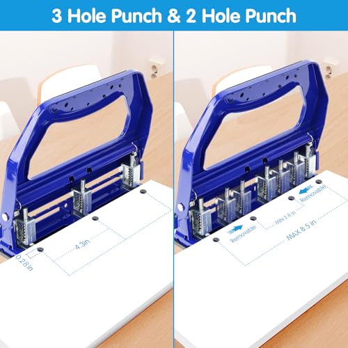 Image of AFMAT 3 Hole Punch Heavy Duty, 9 /32 inch Holes, 50-Sheet Hole Puncher 3 Ring, 50% Reduced Effort, Adjustable Two & Three Hole Punch, Metal Paper Puncher w /Large Chip Tray, Metal Paper Guide, Blue, HP18