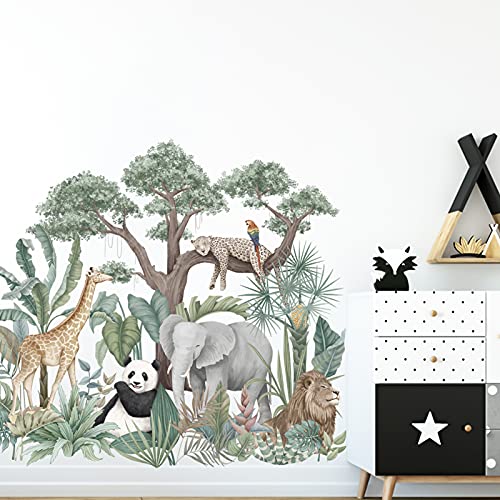 Tropical Green Plant Jungle Animal Wall Stickers, Removable Large Tree Vinyl Wallpaper Decal, Diy Art Murals For Kids Bedroom Nursery Home Decor (A) #TOP4