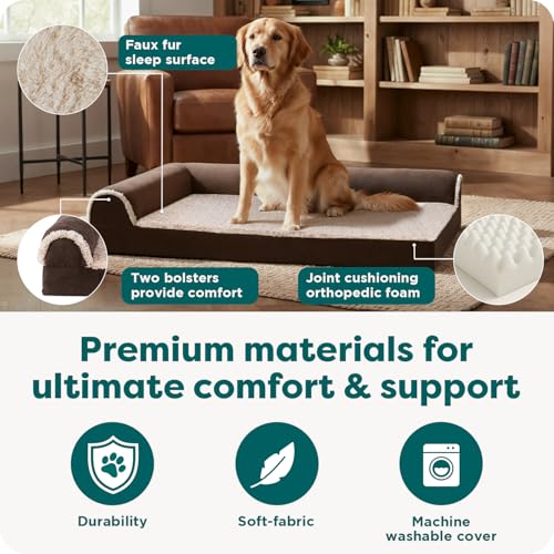 Image of FurHaven Orthopedic Dog Bed for Large Dogs, L-Shaped Chaise Mattress with Orthopedic Egg Crate with a Solid Orthopedic Foam Base for Joint Support, Washable Cover, Jumbo XL, Faux Fur & Suede, Espresso