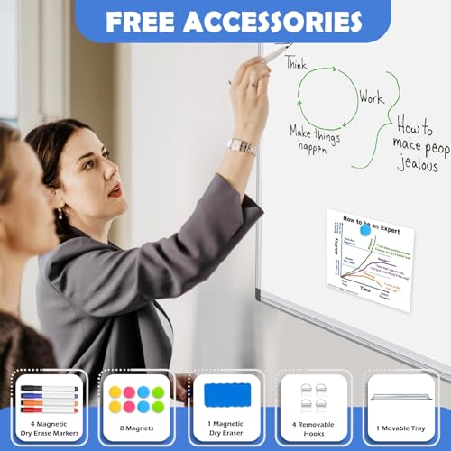 Image of WALGLASS Large White Board 48x36 Double-Sided Dry Erase Magnetic for Wall | 11-Layer, Aluminum Frame, Smooth Write & Clean, Wall Mount & Hanging, Full Accessories for Home, Office, School