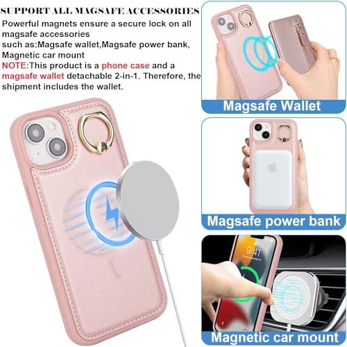 DEYHU iPhone 13 mini case with Card Holder, iPhone 13 mini Phone Case Wallet for Women magsafe Compatible Wallet Detachable 2-in-1 for Men-pink