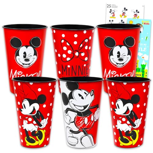 Mickey and Minnie Reusable Tumbler Cup Pack - Disney Party Favor 6 Piece Bundle with 24 Oz Cups Plus Stickers, More | Bulk Mickey and Minnie Mouse Water Tumblers