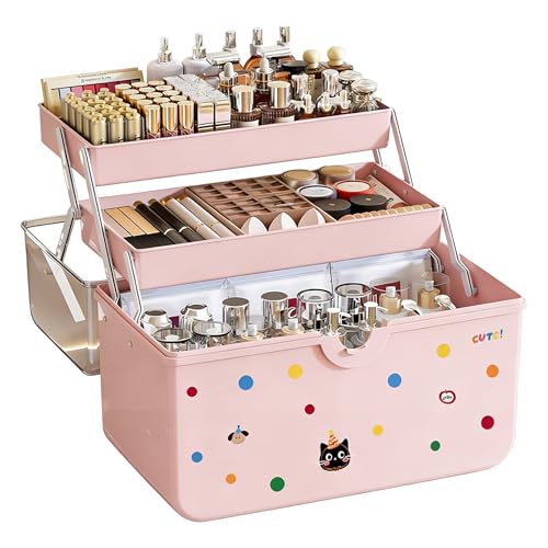 Kiswleon 3 Layer Craft Storage Box Pink Hair Accessories Organiser for Girls with Handle Storage Box with Compartments for Tool Sewing Art Craft Make Up Hair Accessories