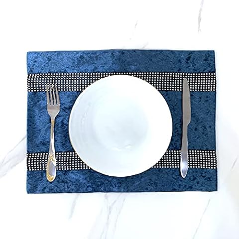 HeMiaor Placemats Blue Set of 4 Velvet with Shining Bling Sequins for Christmas Wedding Thanksgiving Day Dinner Table Decoration(12x16-inches) Cover