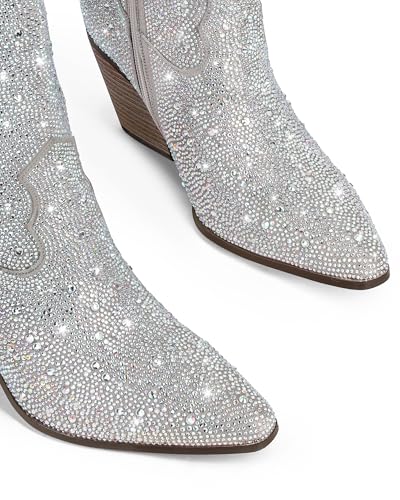MUCCCUTE Women's Rhinestone Mid Calf Boots Sparkly Block Heel Cowboy Boots Glitter Boots2