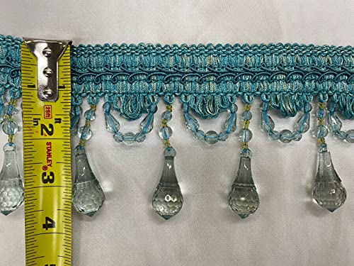 Tear Drop Beaded Trim Fringe W/Gimp Top Sold by The Yard - Turquoise Blue