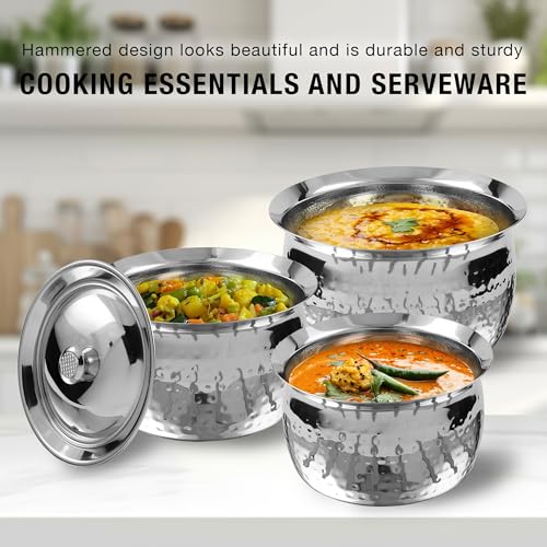 Stainless Steel Biryani Handi Set | Premium Steel Hammered Finish Tope, Patila Handi | Hammered Design, Tableware & Serveware for Home, Kitchen & Restaurants (1.5 Quart, 2.1 Quart & 3.7 Quart) - Image 6