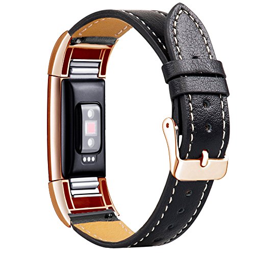 Wearlizer Compatible for with Leather Fitbit Charge 2 Bands Special Edition Lavender Rose Gold Buckle Replacement Charge 2 hr Band Straps Accessories Small Large Women Black