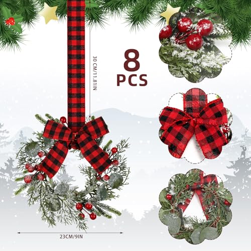 Hoteam 8 Pcs Mini 9 Inch Mini Christmas Cabinet Wreath with Frosted Cedar, Red Berry and Red and Black Check Bows Norfolk Pine Needle Artificial Kitchen Winter Xmas Home Decor Rustic Holiday Garland by Hoteam - Image 2