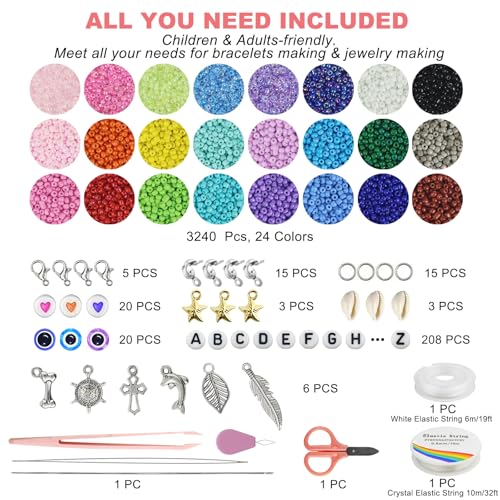 Dazhqp 4mm Glass Seed Beads for Bracelet Making Kit, 24 Colors Small Beads for Friendship Bracelet Necklace Jewellery Making Sets, DIY Craft Gifts for Girls