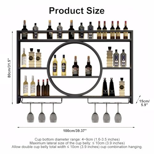 بيكي رف معدني يثبت على الحائط، رف زجاجة نبيذ، رف بار معدني من 3 طبقات مع حامل زجاجي وطلاء مقاوم للصدا، حامل عرض متعدد الوظائف للمنزل/البار/المطعم (اسود، 100 سم × 15 سم × 80 سم)