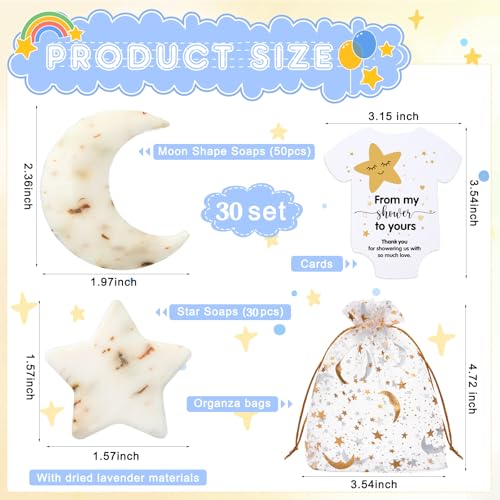 Image of 30 Sets Baby Shower Soap Favors for Guests Moon and Star Shaped Bath Soaps with Thank You Cards Organza Bags for Return Prizes Baptism Gifts Gender Reveal Birthday Party Decoration (White)