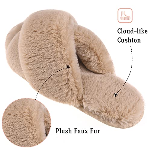 VONMAY Women's Fuzzy Slippers Cross Band Faux Fur Open Toe House Shoes - image 3