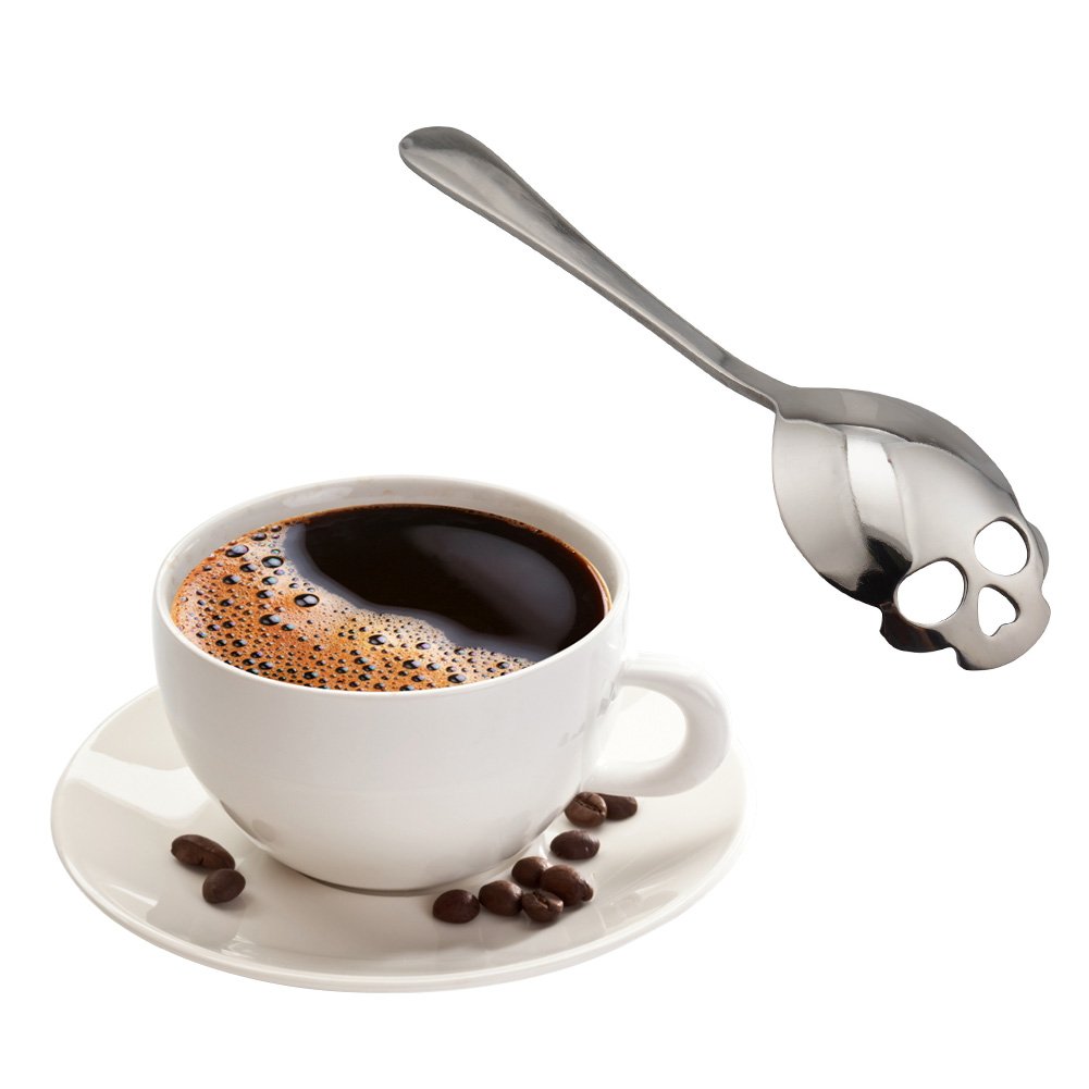 ELEOPTION Coffee Spoon Teaspoon Mini Sugar Spoon 6 inch, Sterling Quality Stainless Steel Skull Tea Metal Carved for Coffee Te Cake Sugar Dessert Ice Cream Spoon (Silver 2Pcs)