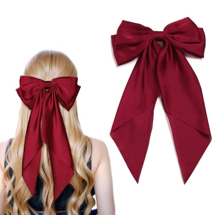 Women Big Bow Barrettes Girls Satin Hairclips Long Ribbon Hair Pins Accessories For Party (Burgundy)