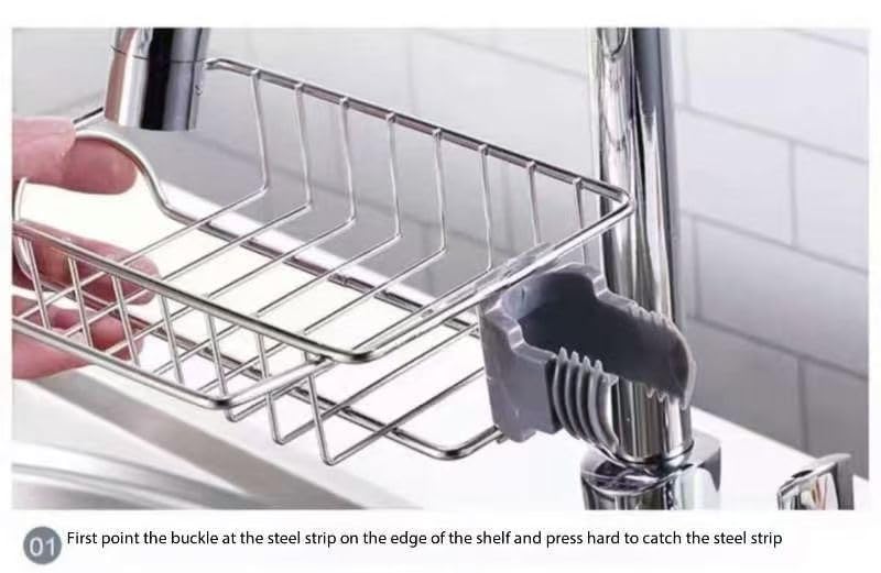 Soporte de esponja sobre el fregadero de la cocina, de acero inoxidable, desmontable para colgar grifo, organizador de drenaje para cocina y baño, soporte de esponja para fregadero 6
