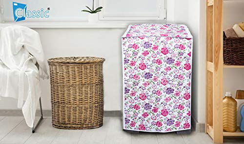 Image of Classic Top Load Washing Machine Cover Suitable for Bosch Back Panel 6.5 Kg, 7 Kg, 7.5 Kg, 8 Kg, 8.5 Kg (57cmsX56cmsX95cms, White & Pink Flower, Medium)
