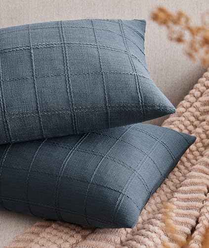 ZeeMart Linen Checked Lumbar Throw Pillow Covers Set of 2, 12x20 Inch Allover Grid Navy, Farmhouse Decorative Double Sided Grid Embroidered Couch Pillow Cases Navy Cotton Linen Cushion Covers