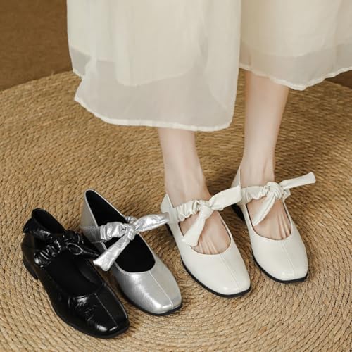 Women's Mary Jane Flat Shoes, with a Closed Square Toe and Ballet Flat Design, Featuring a Bow Strap for a Dressy Look and Comfortable Slip-On Dress Shoes3