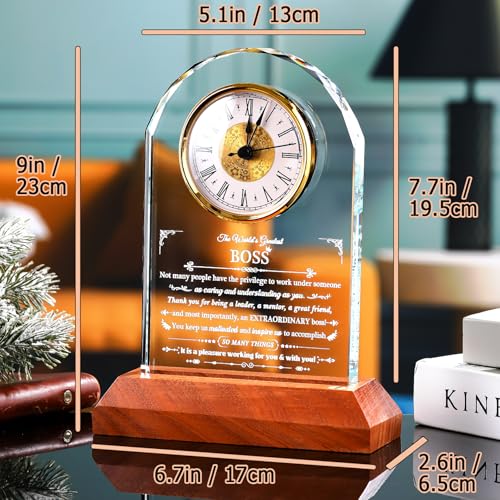 Image of Ornalrist Boss Glass Clock Gifts for Women Men with Wooden LED Light Base, Appreciation Gift for Best Boss, Gift Idea for Lady Boss Going Away Retirement Boss's Day Leader's Day Desk Office Decor
