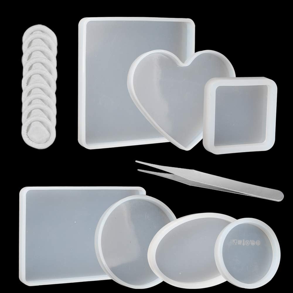 Resin Casting Molds, FOGAWA 7pcs Coaster Silicone Mold Inculd Round, Square, Rectangle, Ellipse, Heart Coaster Molds, Epoxy Resin Molds for Casting with Resin, Concrete Cement