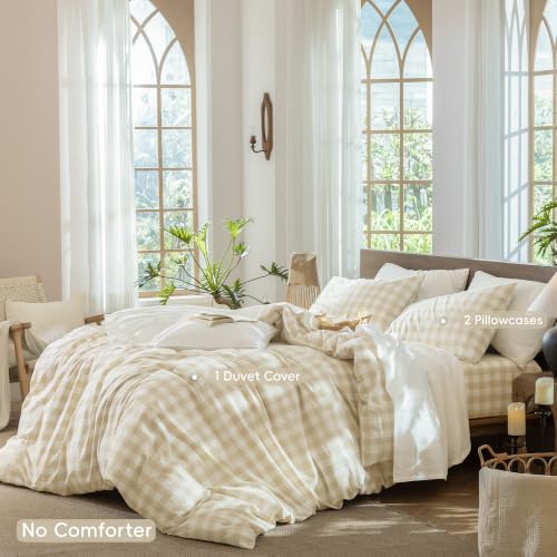Image of MooMee Gingham Duvet Cover Set 100% Washed Cotton Linen Like