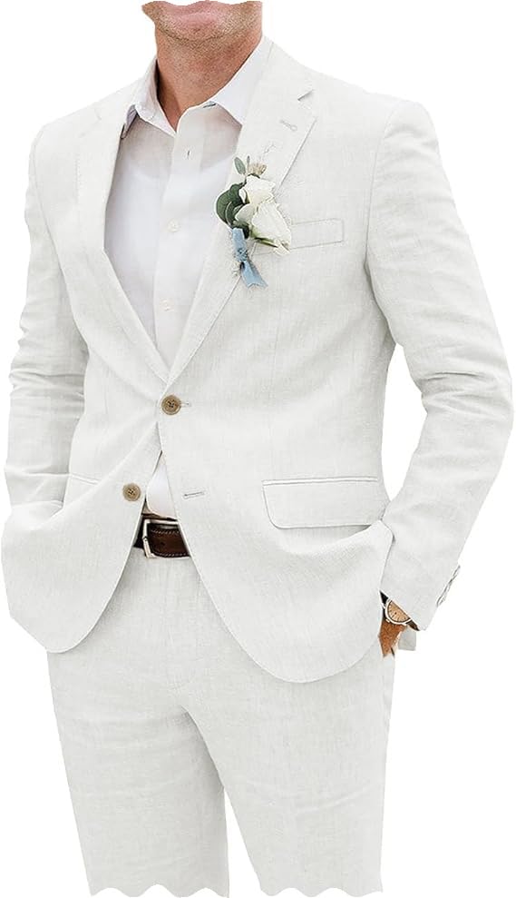 Summer Casual Men's Suits Regular Fit 2 Piece Prom Tuxedos Linen Blazer Pants for Beach Wedding