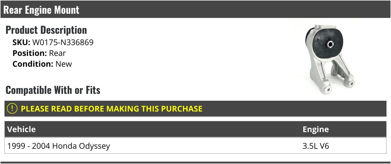 Rear Engine Mount - Compatible with 1999-2004 Honda Odyssey 3.5L V6