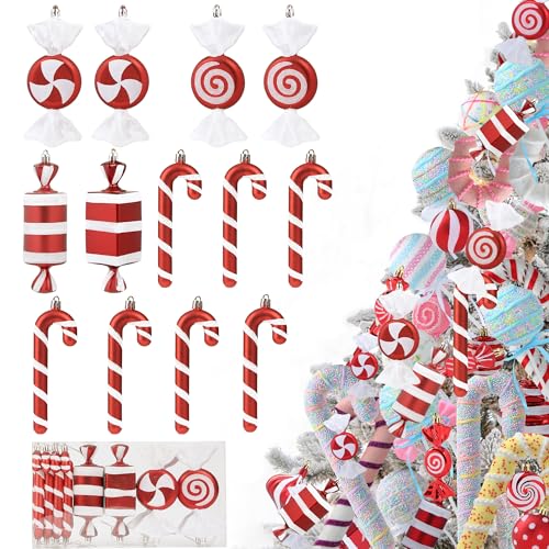 Christmas Candy Cane Lollipop Ornaments for Christmas Tree 14Pcs Xmas Plastic Peppermint Christmas Tree Hanging Pendants for Xmas Party Indoor New Year Holiday Home Decorations (Red)