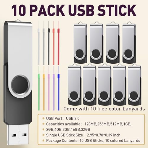 Image of USB Flash Drive 512MB 10 Pack Portable Pen Drives - Bulk USB 2.0 Memory Sticks Small Capacity Thumb Drive Zip Drive - FEBNISCTE Swivel Pendrive Data Stick Black Jump Drives with Led Indicator