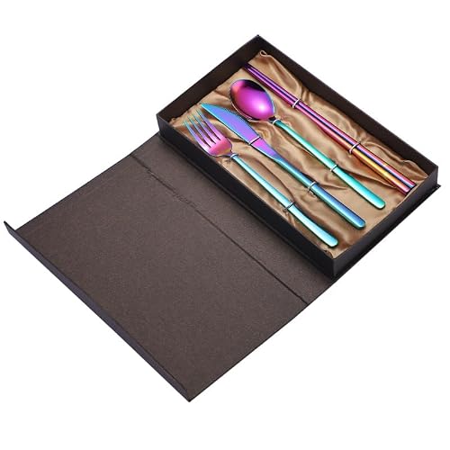 Silverware Flatware Cutlery Set, 4/16/24/32/40/48 Pcs 304 Stainless Steel Household Cutlery Knife, Fork, Spoon, Chopsticks Four-Piece Box,Gold-6Set-24Pcs (Rainbow 8Set)