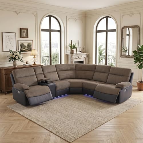 Image of Power Recliner Sectional Sofa, L-Shaped Living Room Furniture Set, Reclining Sectional Couch with Storage Console /Cup Holder for Living Room /House /Apt (Brown & Grey, 5 Seater)