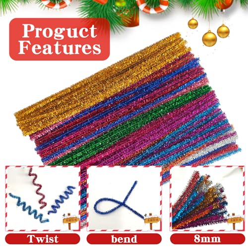 Image of 200Pcs Glitter Pipe Cleaners Craft Bulk,Art Aupplies Toys for Kids,DIY Multicolor Sparkly Chenille Stems for Halloween /Christmas Home Decor,Xmas Gift Wrapping and Festival Party Decoration Present