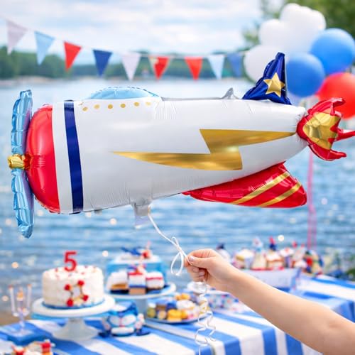 Image of Rozi Decoration Airplane Shape Foil Balloon for Kids Birthday Decoration, Flying Plane Theme Party Balloon for Baby Shower, Travel Theme Celebration and Home Party Backdrop Decoration Pack of 1 Pcs