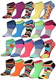 Tipi Toe Women's 20 Pairs Colorful Patterned Low Cut/No Show Socks, Colorful Vibrant Stripes Zigzag PaintSplash Geometric Patterned, WL06-T1