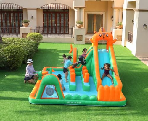 Doctor Dolphin Tall Tiger Splash Water Slide & Climb Castle With Cannon Large Inflatable Park Pool Obstacle Cute Jungle Theme